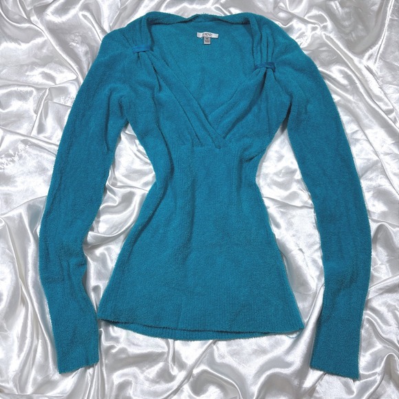Cache Sweaters - y2k Cache Sweater Teal Blue Excellent Fuzzy Chenille V-Neck Ribbed Waist Top M